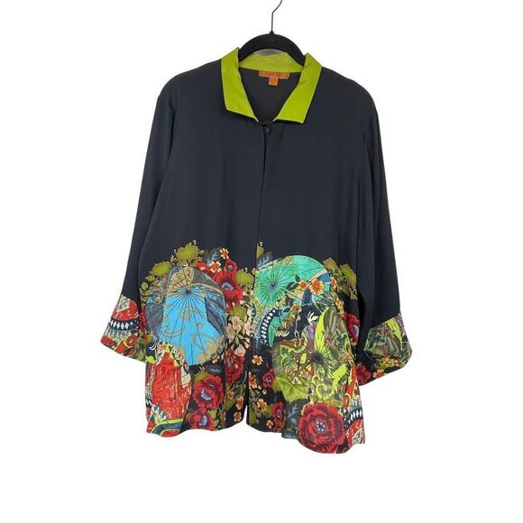 Harari Silk Button Up‎ Black Eastern Asia Umbrella Colorful Blouse Size L - Picture 1 of 6